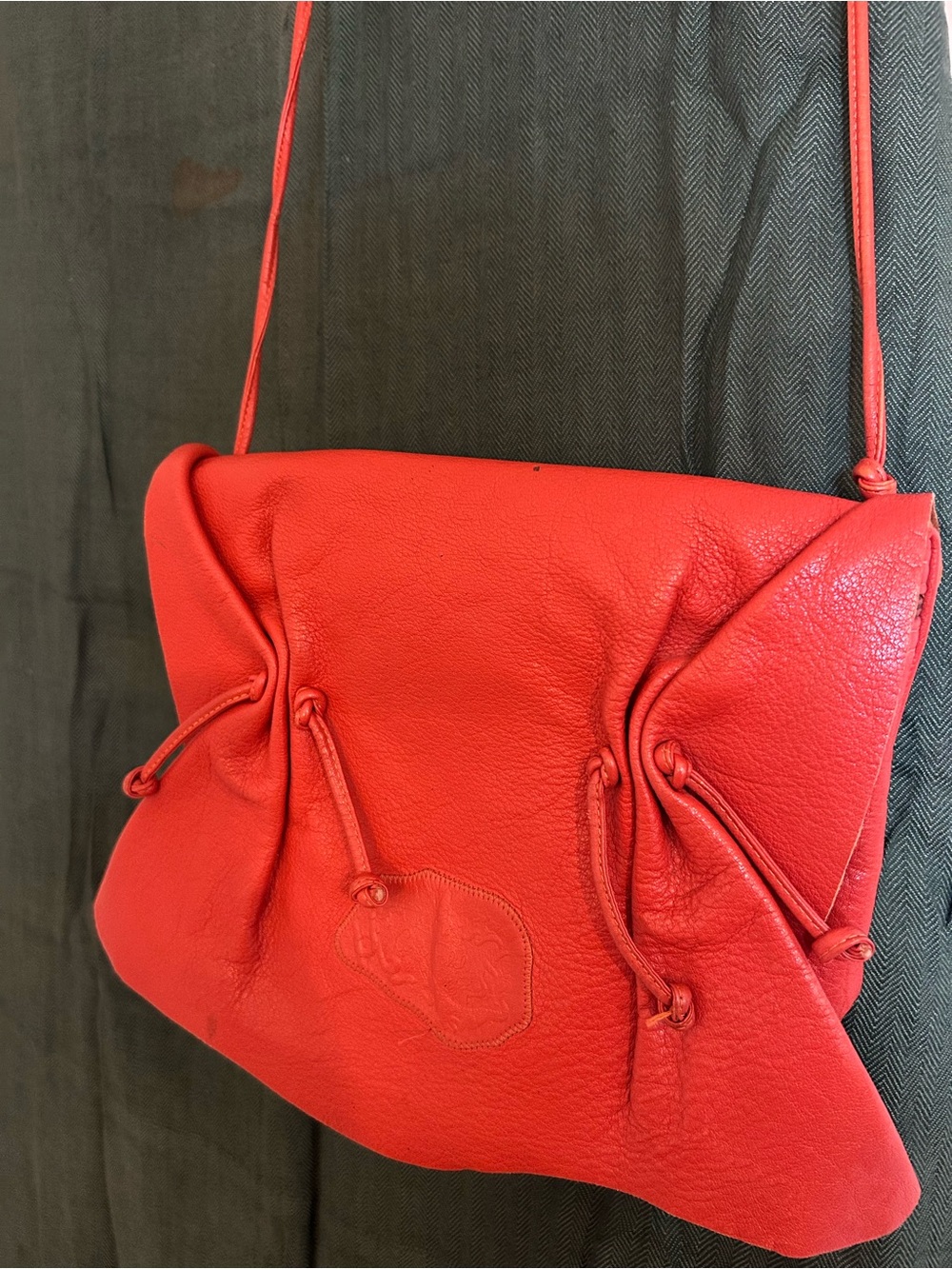 Carlos Falchi Vibrant Red Pebbled Leather Shoulder Bag with Knotted Details